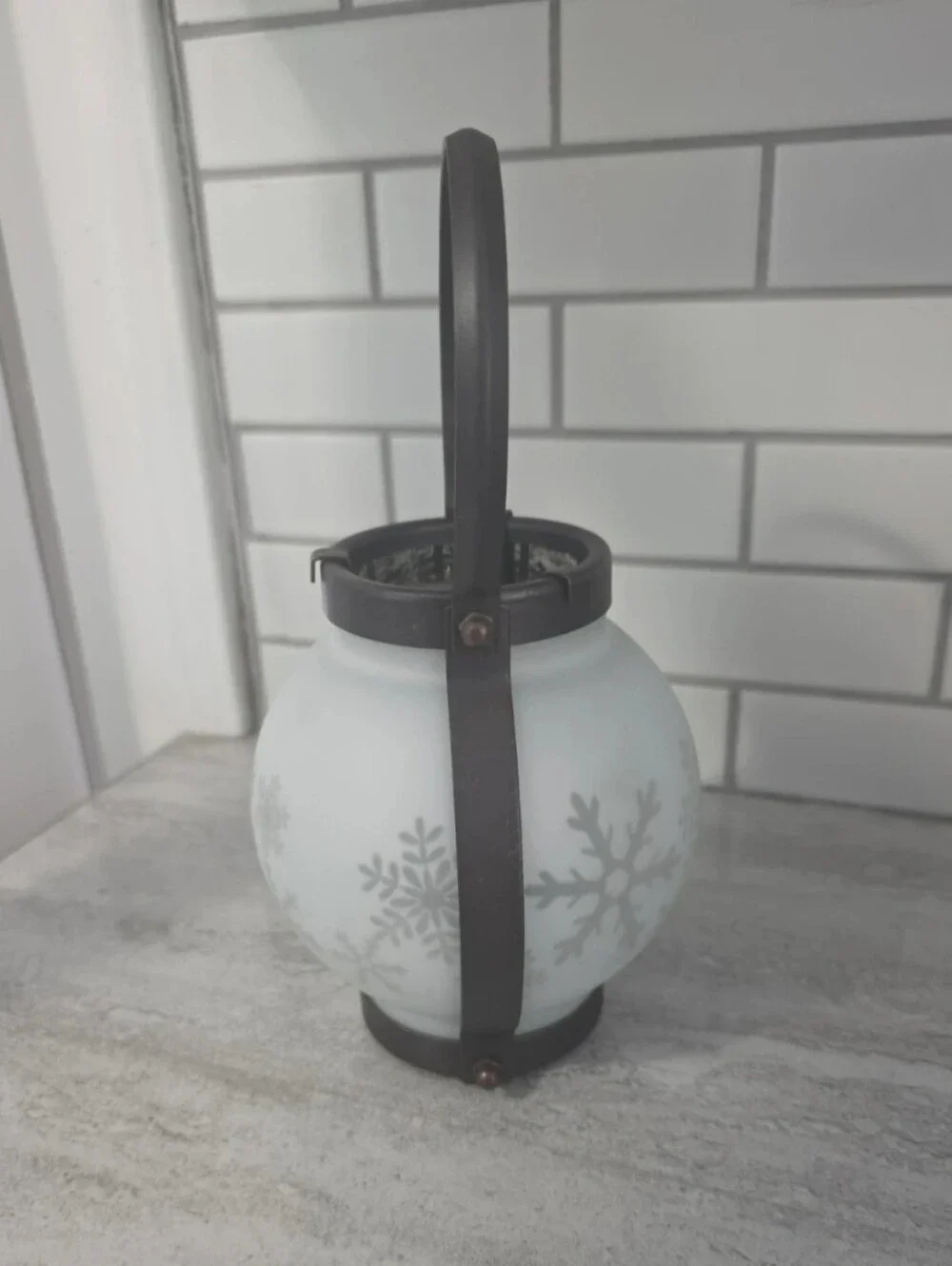 Bath And Body Works White Snowflake Glass Lantern with Black Metal Handle